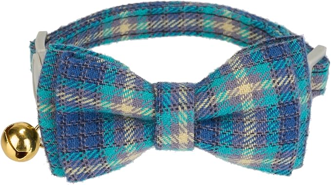 2 Pack Cotton Cat Collar, Removable Bowtie, Plaid Pattern, Safety Breakaway Clasp, Adjustable for Cats.(Adult Cat, Blue and Brown)