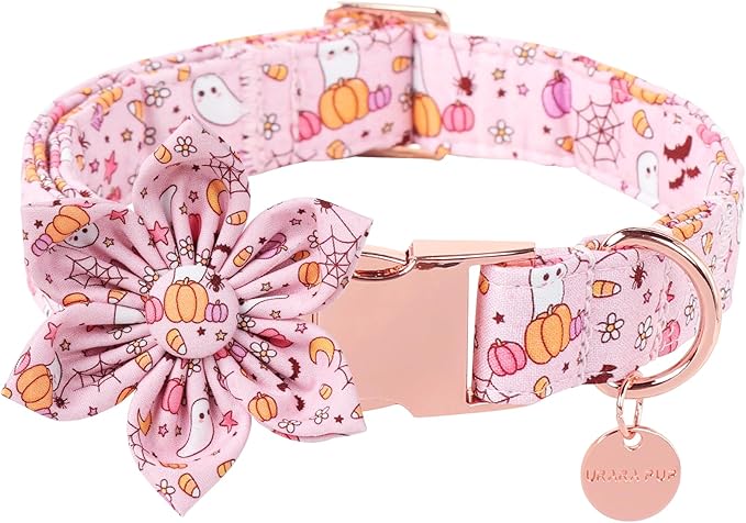 Halloween Dog Collar With Flower, Pink Puppy Collar With Adjustable Metal Buckle, Fancy Bowtie Gift for Girl Boy Dog, M