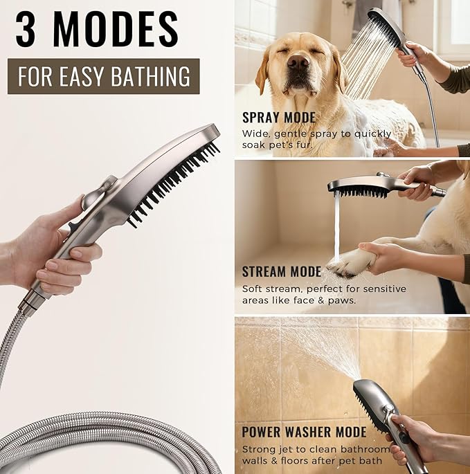 G-Promise 3 Mode Dog Shower Attachment with Pause Mode, Dog shower Sprayer with 100 Inches Stainless Steel Hose, Metal Diverter, Adhesive Holder, for Fast and Easy Dog Bathing and Cleaning