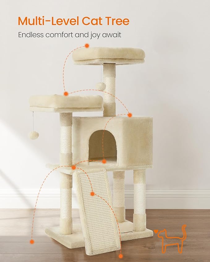 Feandrea Cat Tree, 45.3-Inch Cat Tower, Plush Condo with Scratching Post, Ramp, Perch, Spacious Cave, for Small Space, Beige UPCT141M01