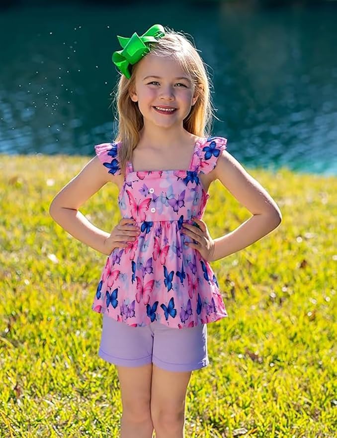 Toddler Baby Girls Summer Clothes Outfits Ruffled Sleeve Dinosaur Shirt Leopard Tops and Shorts Pants Sets 2PCS