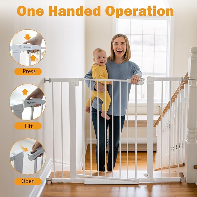 Mumeasy 29.6-46" Baby Gate for Stairs, Pressure Mounted Dog Gate for Doorways, Auto Close Pet Gate for Indoor Use, Extra Wide Child Gate with Walk Thru Door White, Mom's Choice Awards Winner