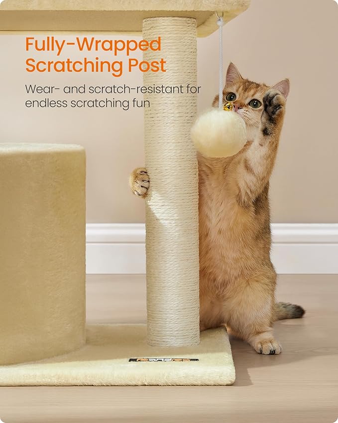 Feandrea Cat Tree, Small Cat Tower with Sisal Scratching Post, Plush Condo with Padded Perch, for Small Spaces, Kittens, Sand Beige UPCT050LF01
