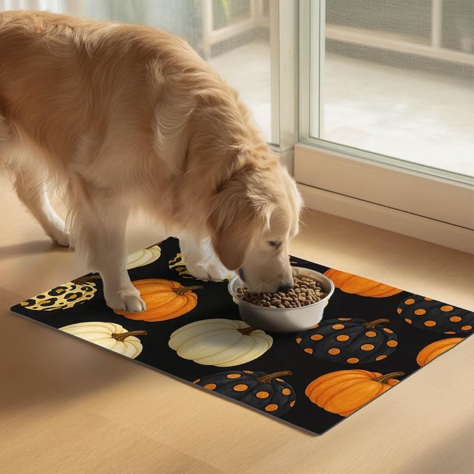 Fall Pumpkin Pet Feeding Mat Thankgiving Theme Dog and Cat Food Mat Non Slip Pet Bowl Mats with Leopard and Polka Dot Pumpkin Design for Autumn Home Kitchen Cat Accessories 24" x 16"