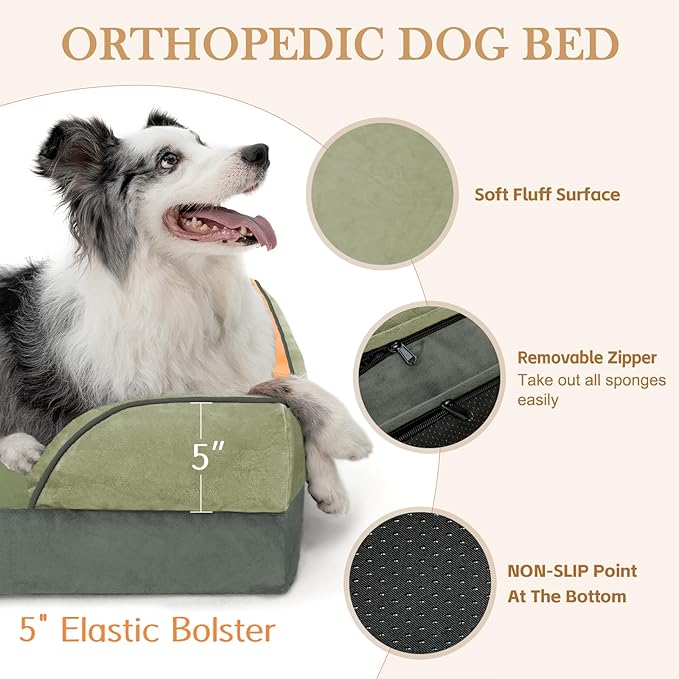 Comfort Expression Orthopedic Dog Bed for Large Dogs 36x27 Inch, Waterproof Egg Crate Foam Large Pet Bed with Removable Bolsters, Dog Couch with Washable Cover & Non-Slip Bottom, Avocado