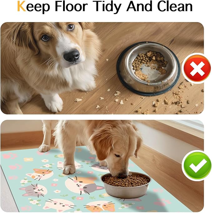 Cat Feeding Mat 24x16 inch Kitten Print Pet Bowl Placemat Non Slip Floor Mat for Food and Water Indoor Kitty Feeding Station Cute Meal Pad for Small Pets Kitchen Use