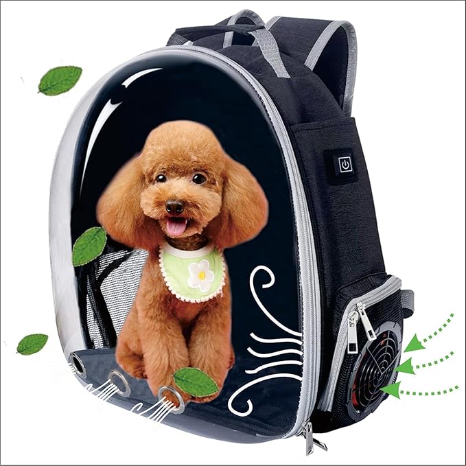Active Cooling Pet Backpack Carrier with Side Fan,Airline Approved Transparent Bubble Backpack for Cats, Dogs, Puppies Enhanced Ventilation for Travel, Hiking, Camping (Black)
