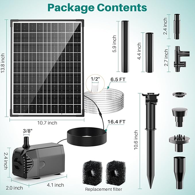 Biling 20W Solar Fountain Pump, 320 GPH Solar Pond Fountain Adjustable Flow, Dry-run Protection, 6.6 FT Tubing for Outdoor Garden Small Pond