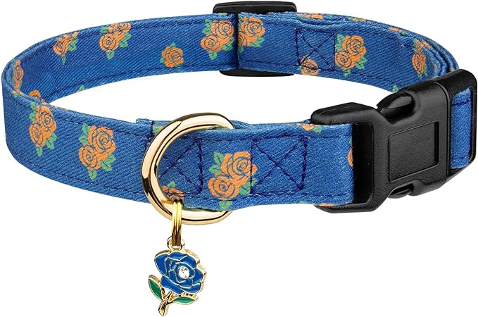Cotton Handmade Dog Collar Cute and Distinctive Patterns Blue Rose with Pendant for Girl Boy Dogs Collars M