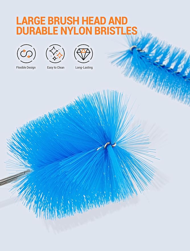 66" Flexible Drain Brush Tool with Large Brush Head and Double Elastic Nylon Ends, Stainless Steel Long Tube Cleaning Brushes for Kitchen, Sink, Drain Pipe and Long Pipe Cleaning