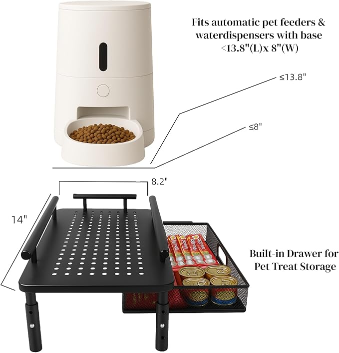 Raised Pet Feeder Stand for Cats & Dogs – Adjustable Height Holder for Automatic Pet Feeders with Snack Storage Drawer, Promotes Neck Health, Compatible for Most Pet Feeders & Water Dispensers