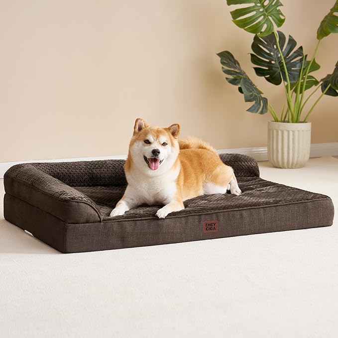 EHEYCIGA Large Dog Bed Memory Foam for Crate, Orthopedic Dog Bed Large Size Dogs with Washable Removable Cover, Waterproof Pet Sofa Couch with Nonskid Bottom, 35x22x6, Brown