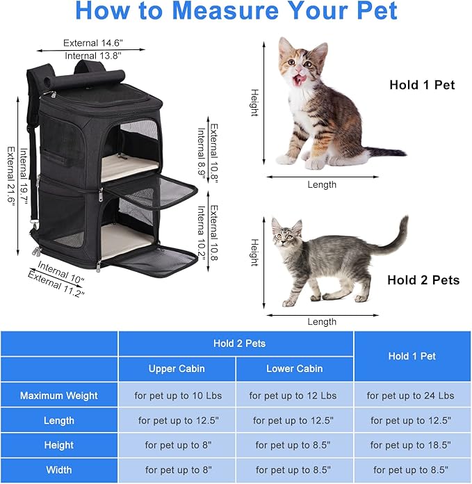 Double Pet Carrier Backpack with Wheels for Small Cats and Dogs, Rolling Cat Travel Carrier, Super Ventilated Design, Ideal for Traveling/Hiking/Camping, Black