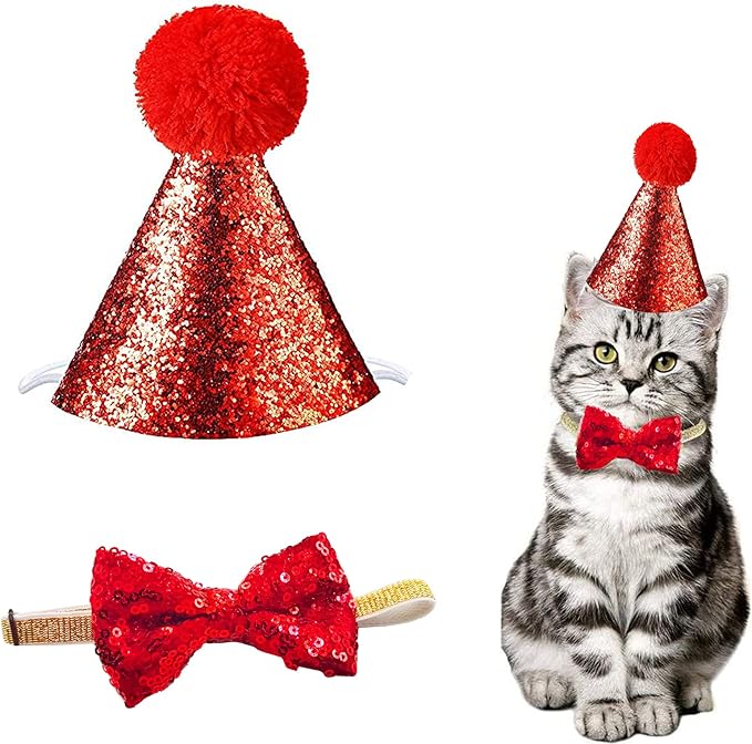 Christmas Pet Party Jazz Hat and Blingbling Bow Tie Breakaway Collar Set, Adjustable Headband for Kitten Puppy Small Dogs Cats (Sequin-Red)