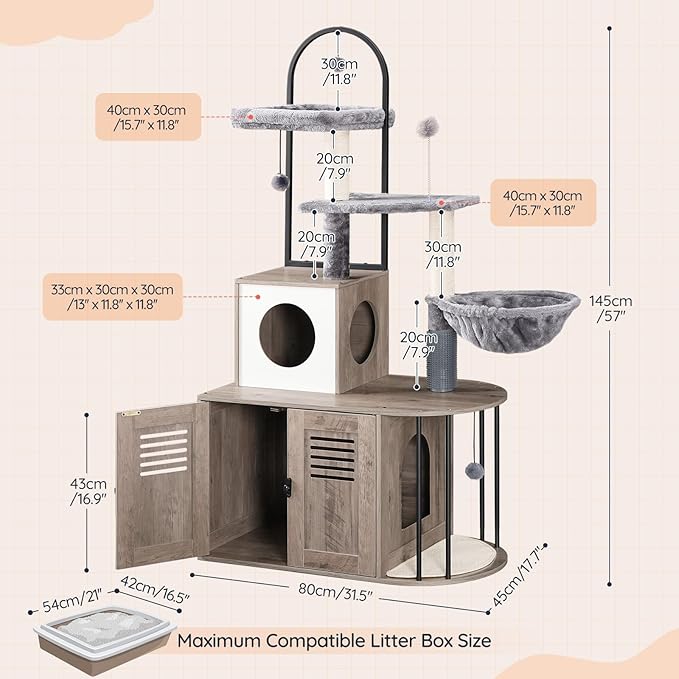 HOOBRO Cat Tree with Litter Box Enclosure, Arched All-in-One 31.5" Cat Tower with Hidden Litter Box Furniture for Indoor Cats, Versatile Cat Condo with Sisal Posts, Hammock, Greige and Gray BG45MZ03