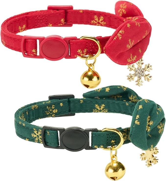 2 Pack Christmas Cat Collar with Bell and Removeable Bunny Bowtie,with Bling Snowflake Charm and Printing Pattern, Safety Breakaway Clasp, Adjustable for Kitten and Cats Green and Red.