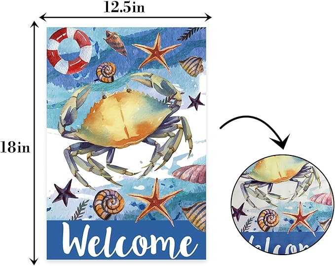 Starfish Crab welcome Garden Flag,Welcome to Undersea World Garden Flag,Marine Life Yard Porch, Party Holiday Decor, Vertical Double Side 12x18 Inch