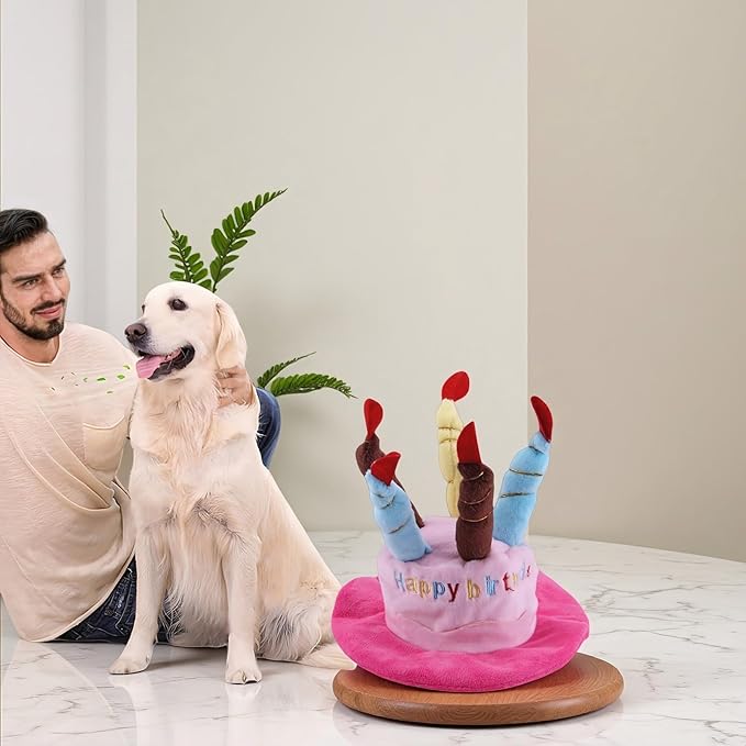 Cute Pet Party Hat for Dogs&Cats - Soft Fluffy Birthday Cap with 5 Color Candles (Blue), Adjustable Strap for Halloween,Costume&Photo Shoots,Fits Small to Large Pets,Washable&Comfortable ﻿ (Pink)
