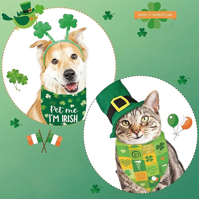 St Patricks Day Dog Bandanas - Lucky Shamrock Puppy Scarf - 2 Pcs Adjustable Triangle Double Layer Reversible Pet Bandanas for Small Medium Large Dogs