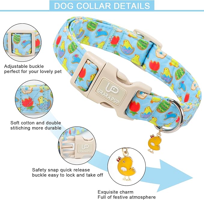 Easter Day Dog Collar, UP URARA PUP Easter Bunny Adjustable Pet Collar with Quick Release, Colorful Rabbits Dog Collars for Small Medium Large Dogs