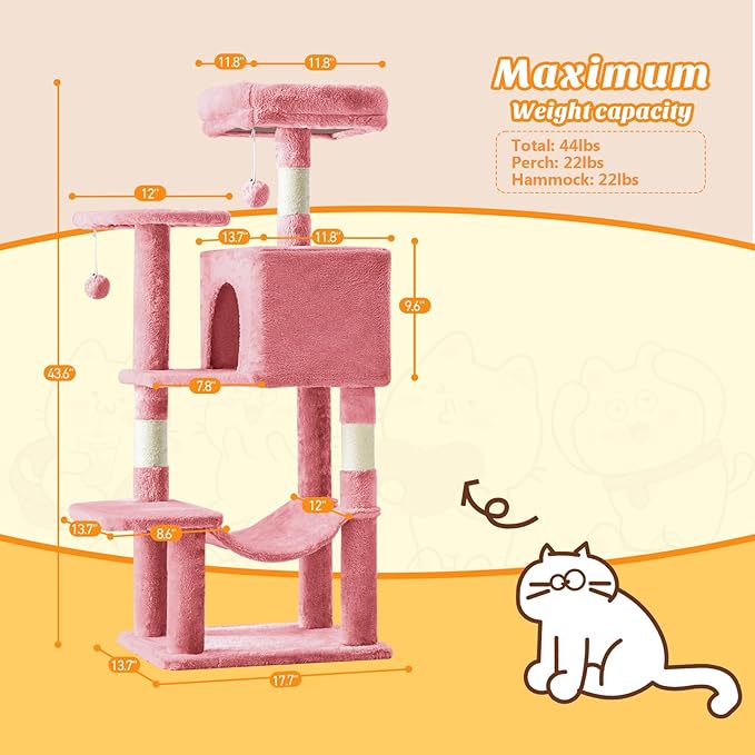 DUMOS Small 44 Inch Cat Tree Tower, Cat Climbing Tower with Natural Sisal Scratching Posts, Hammock, Pet Condo for Indoor Cats and Kittens Play, Pink
