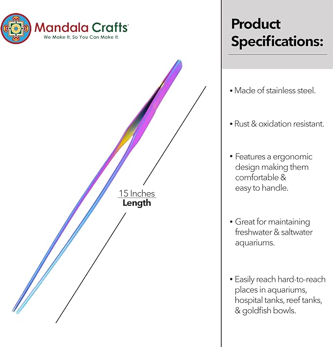 Mandala Crafts 15 Inches Rainbow Stainless Steel Straight Aquarium Tweezers for Aquatic Plants – Long Aquascape Forceps for Fish Tanks, Hospital Tanks, Goldfish Bowls, and Terrariums
