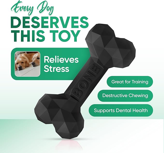 Natural Rubber Dog Chew Bone – Treat-Dispensing, Tough & Indestructible Chew Toy – Safe for Aggressive Chewers – Dental Health & Boredom Relief (Black)