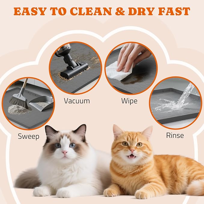 Pawtners Large Cat Litter Mat for Litter Box 2 Packs, 34" x 22" Waterproof Silicone Pad for Floor, Easy to Clean, Gray