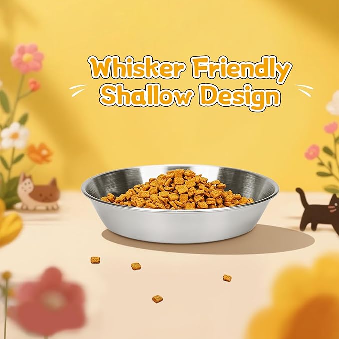 4-Pack Stainless Steel Cat Food Bowls, Shallow Whisker-Friendly Non-Slip Silicone Base Metal Dishes, Easy to Clean Indoor Water Flat Plates for Cat, Kitten, Small Dog (5.9")