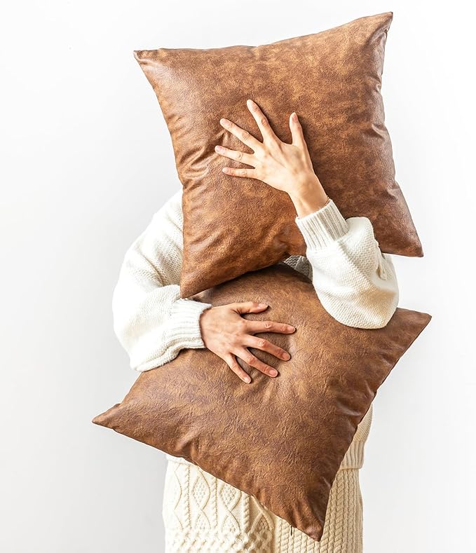 Oversized Vintage Decorative Pillow Covers 28x28, Pack of 2 Brown Thickened Abrasion Farmhouse Faux Leather Cushion Cover, for Home Decor Outdoor Pet Hair Resistant Throw Pillow Covers