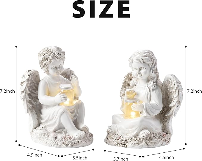 2 Pack Outdoor Angel Statue Garden Decor, Classic Solar Angel Figurine Decoration for Yard Art Indoor Porch Home Lawn Outside Light up Cherub Sculpture Guardian Wings Angel Memorial Gifts Christmas