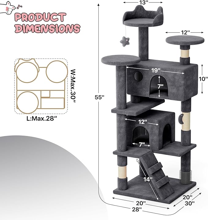 MoNiBloom 54 Inch Cat Tree Tower for Indoor Cats Large Adults, Cat Tower with Scratching Post, Multi-Level Furniture Activity Center with Cat Condo Pet Play House, Smoky Grey