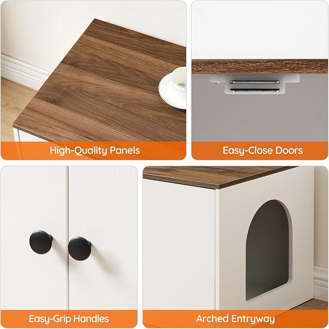 HOOBRO Cat Litter Box Enclosure, Hidden Litter Box Furniture with Side Entry, Litter Box Cabinet, Indoor Cat House, End Side Table, 31.5" L x 17.7" W x 16.3H, for Bathroom, White and Walnut WH40MW01