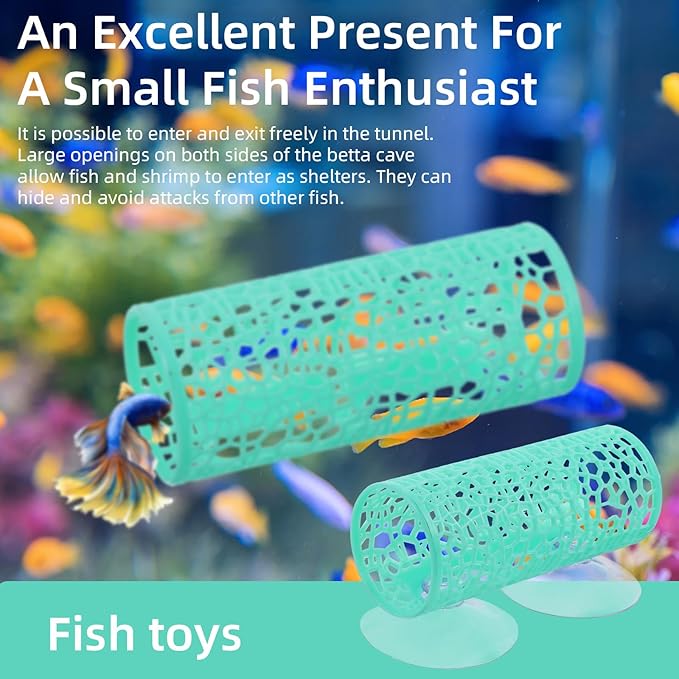 Green Betta Tunnel, Betta Cave with Suction Cups, Plastic Bettas Tank Accessories, Safe Aquarium Decor for Small Fish & Shrimp, Small Fish Toys Hideout Play Area