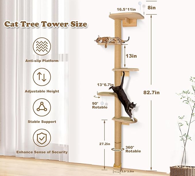 Wild Simulation Cat Tree for Kittens, 5-Level Floor to Ceiling Cat Wall Shelves with Sisal Mat Platforms, Rotating Wall-Mounted Climbing Tower for Scratch, Lookout & Perch