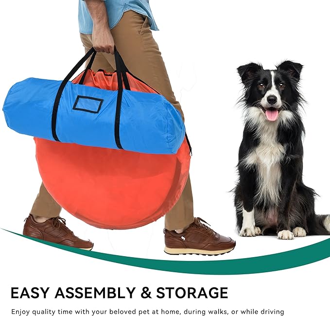 YITAHOME Dog Agility Training Equipment Set with Flexible Tunnel, Hurdle, Jump Ring, 6 Weave Poles, Pause Platform, Teaser Pole and Carry Bags for Indoors Outdoors, Orange/Blue