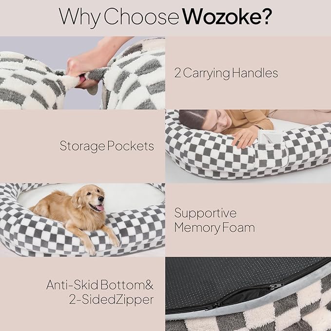 Human Dog Bed for Adults and Pets, 74"x50"x12" Plush Shared Bed, Waterproof & Machine Washable, Durable Anti-Slip Base with Portable Handle & Storage Pockets for Indoor Use, Dark Grey Grid