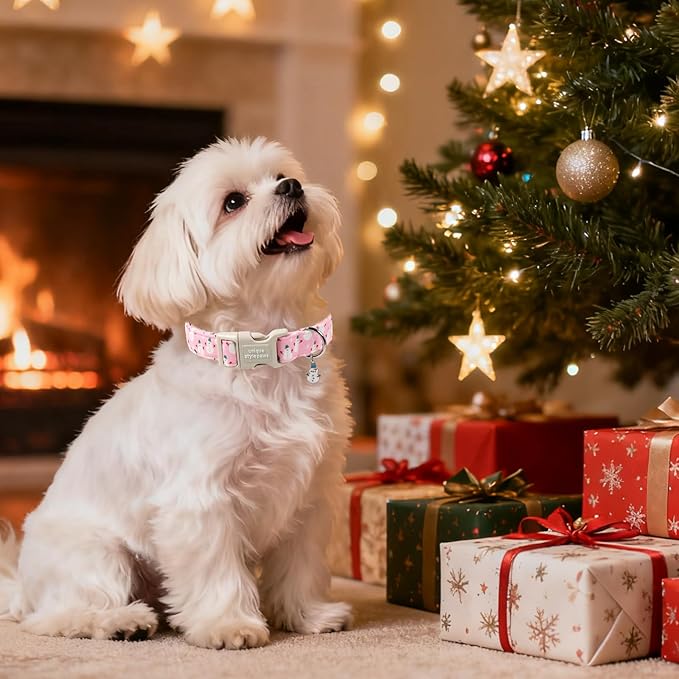 Unique Style Paws Christmas Dog Collar,Pink Snowman Print Dog Collar for Small Dogs,Soft Cotton Puppy Collars with Adjustable Buckle for Small,Medium,Large Dogs