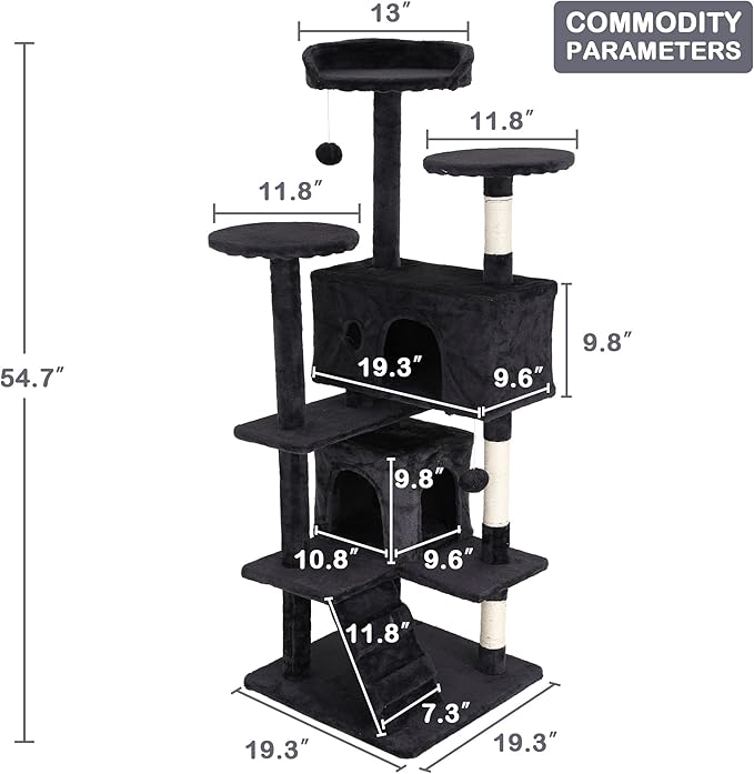 Heavy Duty Cat Tree Tower, 54" Tall Cat Tower for Indoor Cats with Cat Scratching Post with Bed, Cat Condo, Hanging Ball, Multi-Level Cat Climbing Tower Cat Trees Furniture Activity Center, Dark Grey