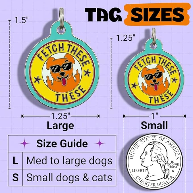 Bad Tags Personalized Dog and Cat ID Tags in 25+ Designs and 2 Sizes - 5 Lines of Custom Engraved Text - Funny Cute Personalized Pet Tags (Fetch These, Small (1 inch))