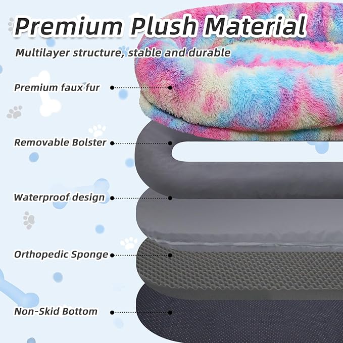 Human Dog Bed, 71''x45''x12'' Size Fits You and Pets, Washable Faux Fur Pet Bed for People Doze Off, Napping Orthopedic Dog Bed, Present Plump Pillow, Blanket, Strap - Rainbow