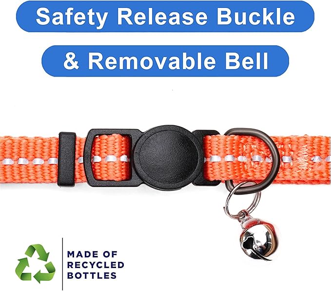 Pawtitas Recycled Coral Reflective Cat Collar – Eco-Friendly Breakaway Safety Buckle, Adjustable Kitten & Adult Collar with Removable Bell and High-Visibility Strap