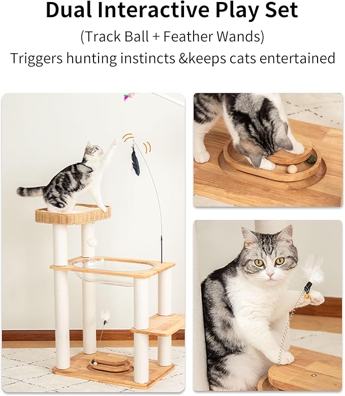 Wood Cat Tree for Large Cats, Modern Cat Tree Tower with Wide Shelves Cotton Scratching Posts, Super Sturdy Base, Cozy Perches, and Interactive Toys for Indoor Kittens