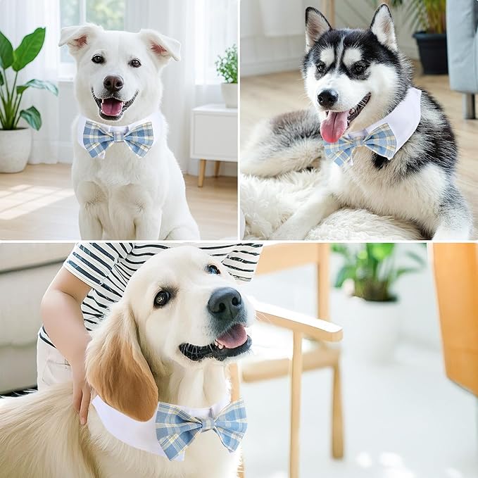 Segarty Dog Bow Tie, Adjustable Blue Plaid Bowtie Collar for Dogs Neck Girth 12.6-15.7in, Dog Neck Tie Tuxedo Comfortable Cotton Boy Pets Grooming Accessory for Formal Wedding Holiday Birthday Party