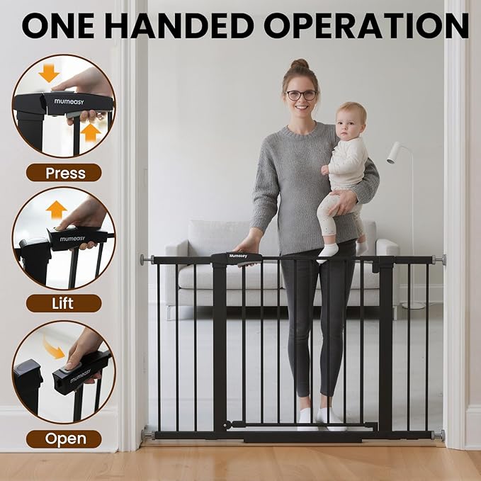 29.7-46" Extra Wide Baby Gate for Stairs, Pressure Mounted Dog Gate Indoor for Doorways, Auto Close Pet Gate with Walk Thru Door, Double Lock Child Safety Gate for Kids and Pet, No-Trip Design