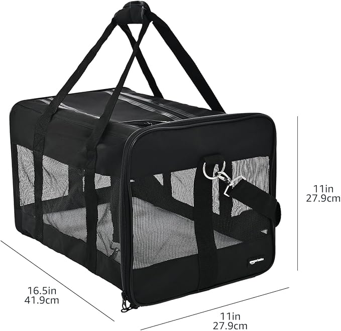Amazon Basics Airline Approved Soft-Sided Mesh Pet Travel Carrier with Shoulder Strap, Portable, Washable Removable Fleece Pad for Dog, Cat, up to 16 pounds, 16.5" L x 10.6" W x 11" H, Black