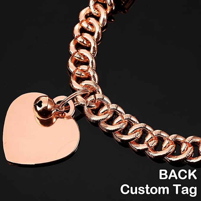 Hillban Dog Chain Gold-Plated Diamond Collar with Heart Rhinestones Jewelry Pet ID Tag Chain Bling Puppy Collar with Personalized Name Tag for Small Medium Large Dog Cat(Rose Gold,10 Inch)