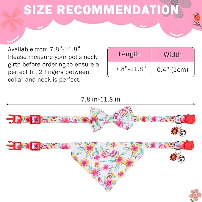 SCENEREAL Spring Cat Collar Breakaway with Bells, 2 Pack Cute Flower Pet Collar with Removable Bow Tie and Bandana, Adjustable Safety Buckle with Daisy Pendants for Girl Cats Kitten