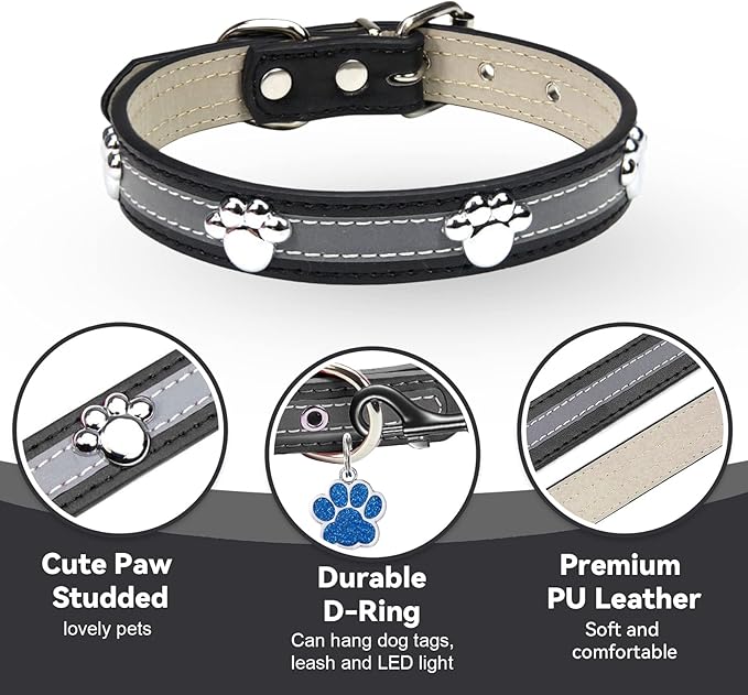 PETCARE Reflective Dog Collar with Cute Paw Rivet Studded Funny Soft PU Leather Adjustable Puppy Dog Collars for Small Medium Large Dogs Cats (Black,Medium)
