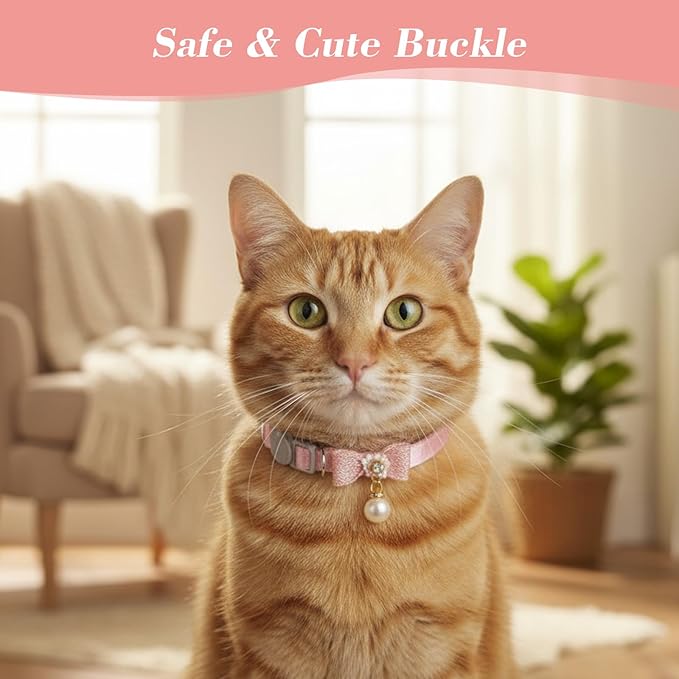 Cat Collar Breakaway, Adjustable Pink Cat Collar with Pearl Pendant, Cute Cat Collars with Safety Buckle Pink Bowtie Kitten Collars for Girl Cats